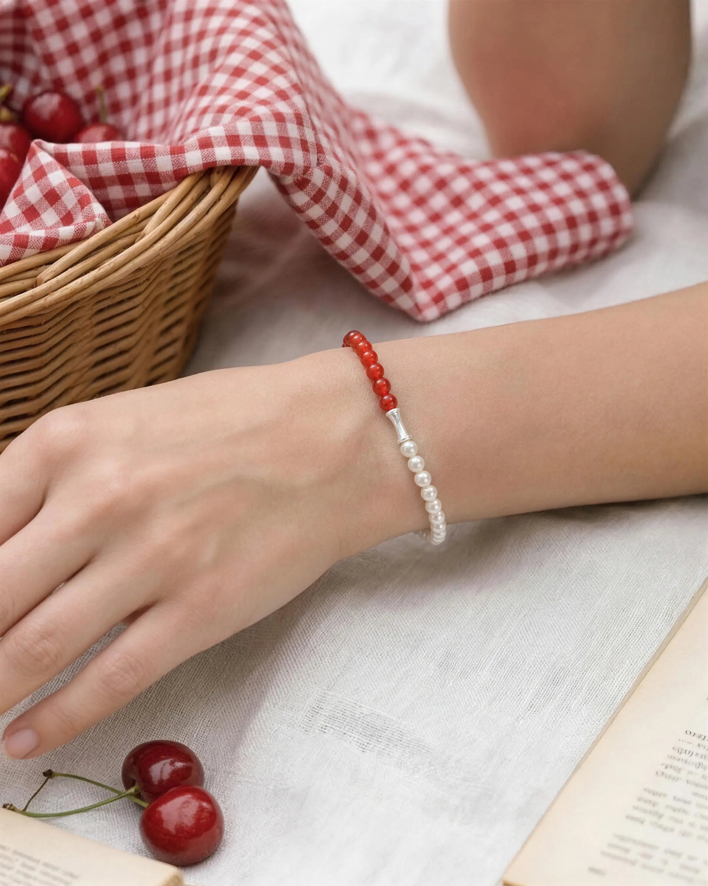 Red Agate Pearl 14K Gold Plated Beaded Bracelet