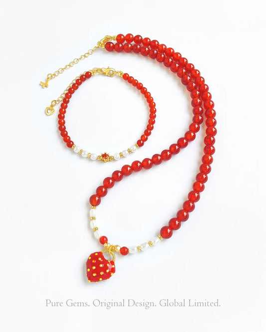 Red Agate Pearl 18K Gold Plated Necklace & Bracelet Set – Courage & Feminine