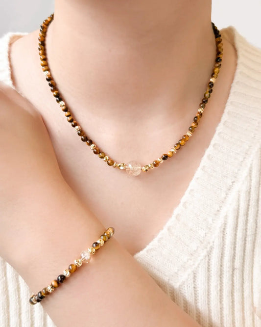 Tiger's Eye Citrine Gold Necklace & Bracelet Set – Strength & Courage