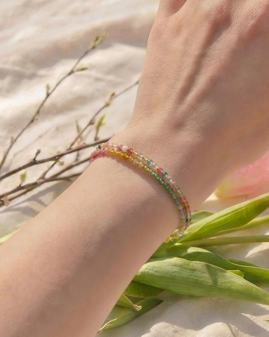 tourmaline dual-strand beaded bracelet on the model
