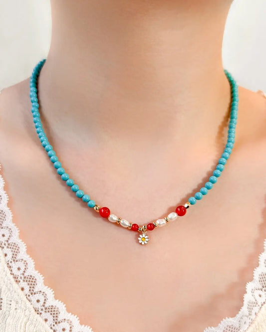 Turquoise Red Agate Gold Necklace – Intuition & Protection