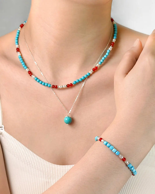ターコイズレッドアゲートスターリングシルバーネックレスセット - 保護と勇気