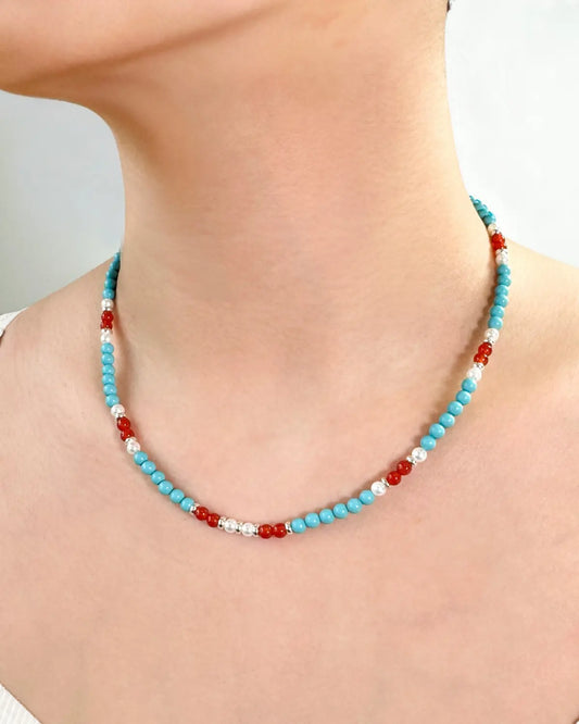 Turquoise Red Agate Silver Necklace – Protection & Truth