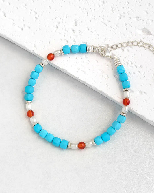 Turquoise Red Agate Silver Bracelet – Protection & Courage