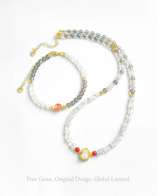 Moonstone Clear Quartz Gold Plated Sterling Silver Necklace & Bracelet Set – Intuition & Healing
