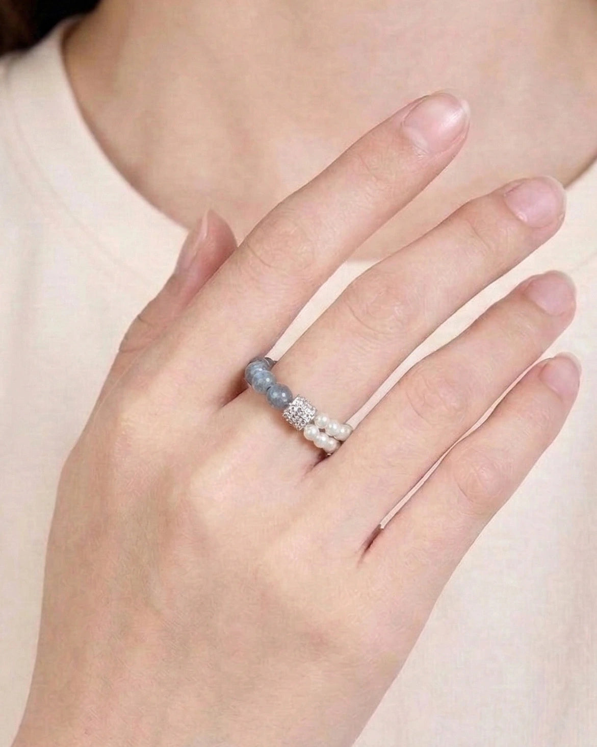 white moonstone & pearl beaded ring